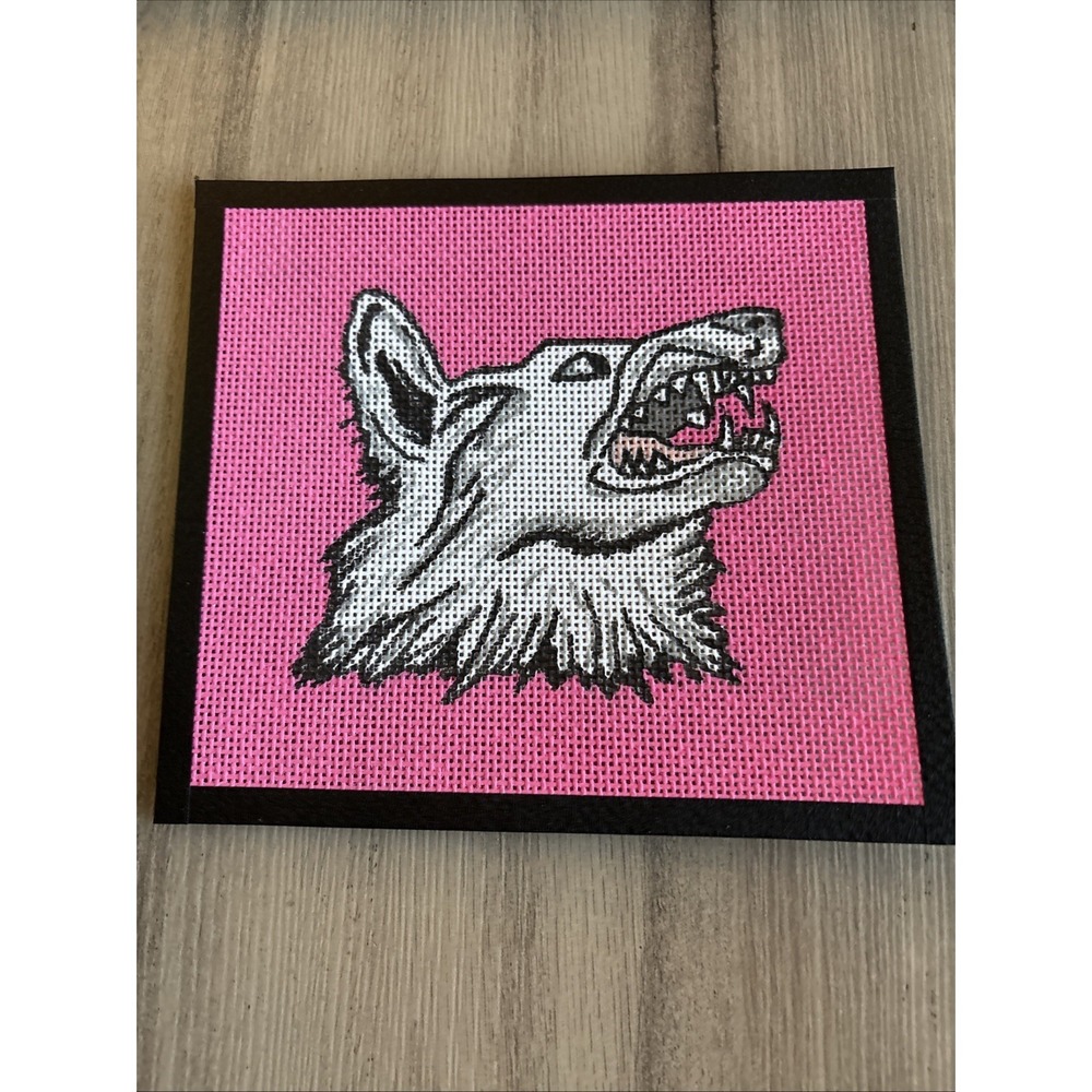 Handpainted Needlepoint Canvas Pink & White Wolf Dog 13 Mesh 7" x 7"
